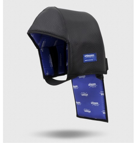 Maskenhaube aus Leder mit Hinterkopf- und Nackenschutz, mit integrierter Kunststoffplatte